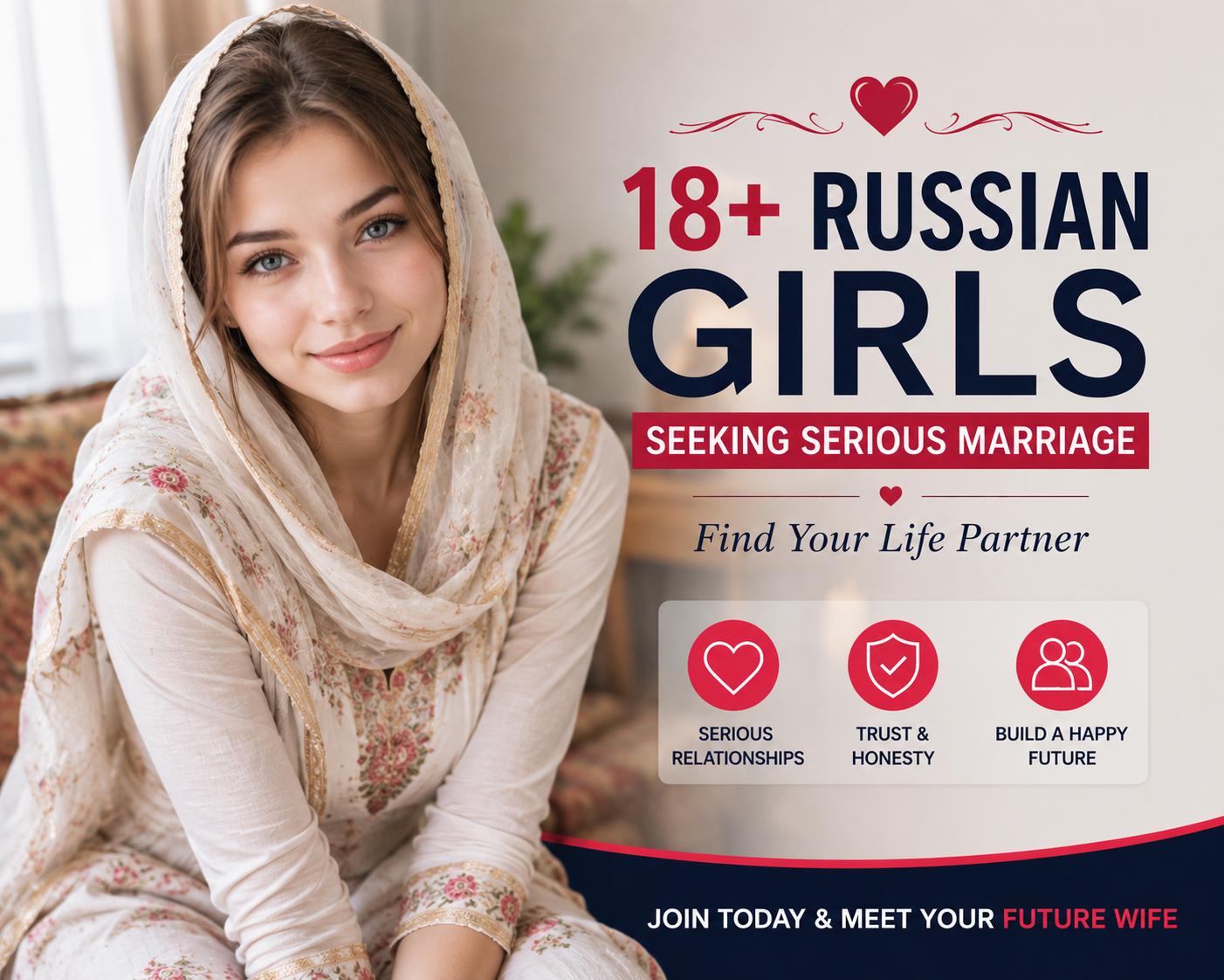Beautiful young Russian woman in a modest floral traditional-style dress and headscarf smiling warmly beside promotional text reading "18+ Russian Girls Seeking Serious Marriage" in a modern matchmaking advertisement.