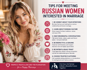 Beautiful young Russian woman in a modest floral traditional-style dress and headscarf smiling warmly beside promotional text reading "18+ Russian Girls Seeking Serious Marriage" in a modern matchmaking advertisement.