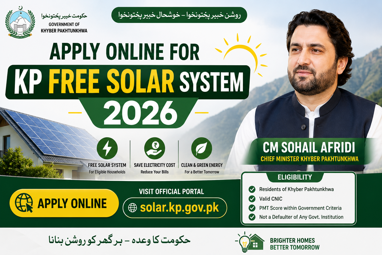 Apply Online for KP Free Solar System 2026. Promotional poster featuring Chief Minister Sohail Afridi, solar panels installed on a house, and information about eligibility, benefits, and the official application portal for the Khyber Pakhtunkhwa solar energy program.