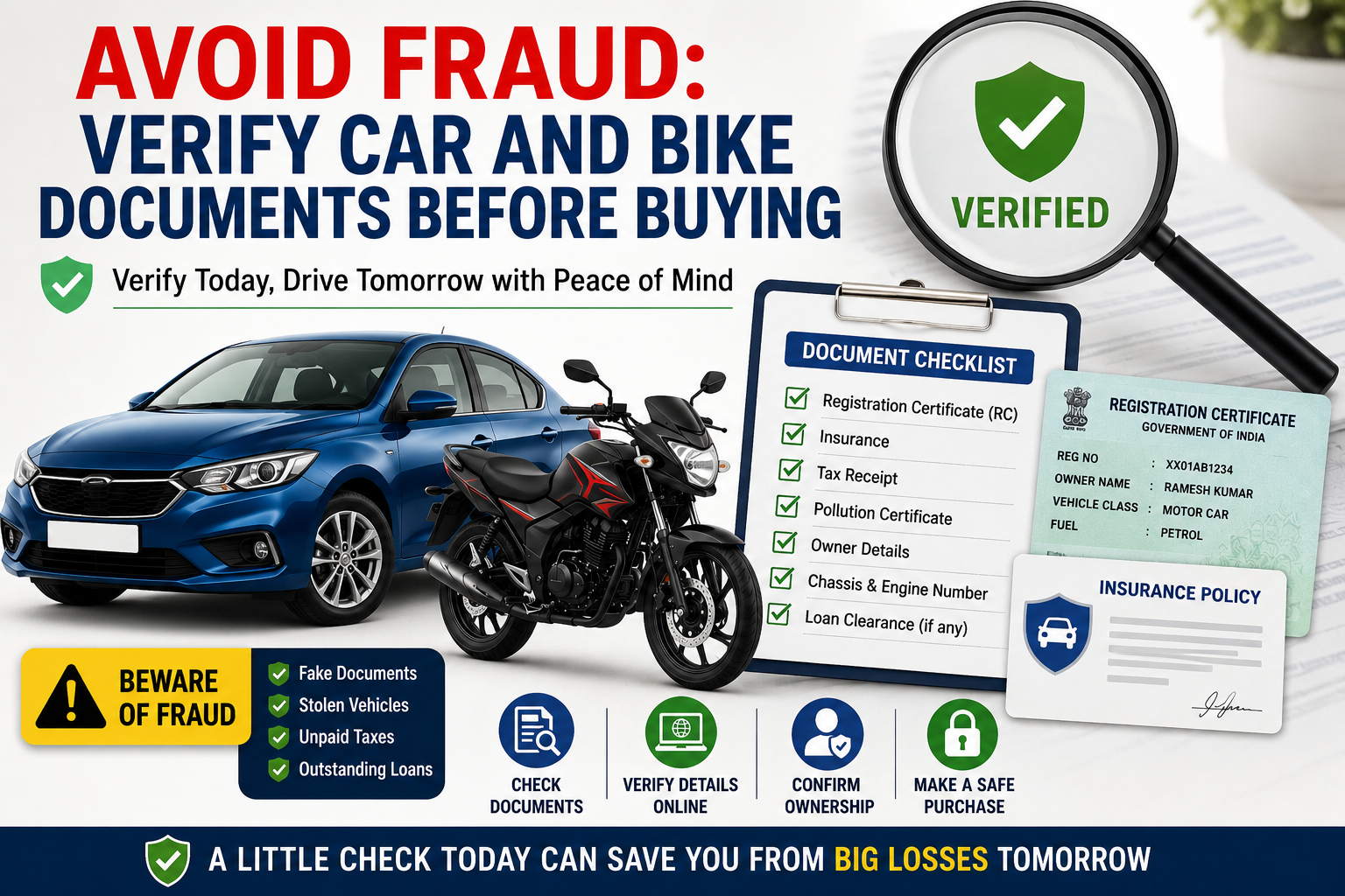 Avoid Fraud: Verify Car and Bike Documents Before Buying infographic showing a car, motorcycle, verification checklist, registration documents, insurance papers, and a magnifying glass highlighting verified vehicle records.