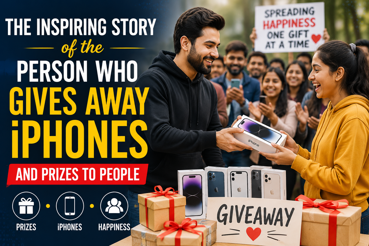 A smiling man presents an iPhone to a happy giveaway winner while a crowd cheers in the background, surrounded by gift boxes and prize items at a community giveaway event.