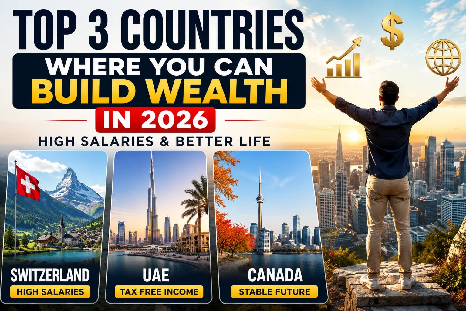 Top 3 countries to build wealth in 2026 featuring Switzerland, Singapore, and Canada with high salaries and better quality of life.